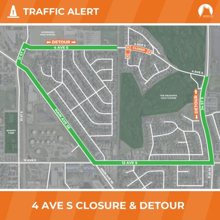 This image shows a map of a closure for 4th Ave S between Clearview Court and Eagle Drive